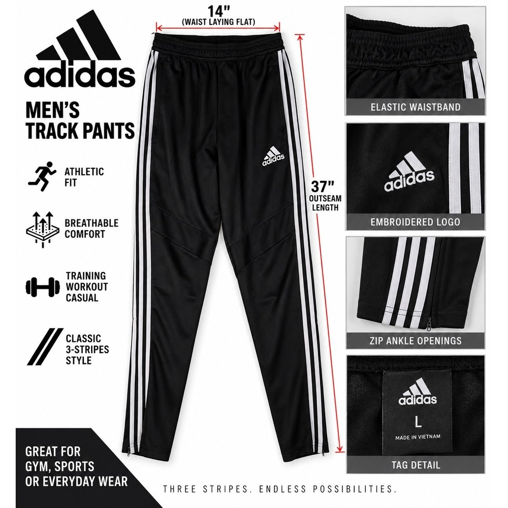 Adidas Men's Black 3 Stripe Track Pants Size L Tapered Zip Ankle Athletic
